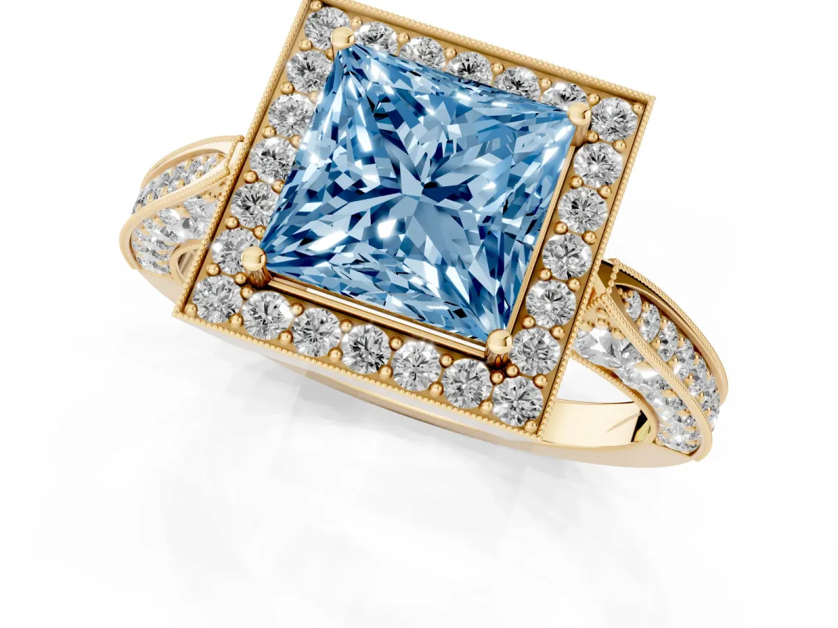 Fancy Blue Princess Cut Halo Diamond Engagement Ring with Split Shank Band and Four-Prong Setting Yellow gold