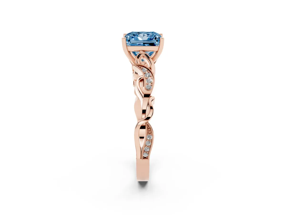 Fancy Blue Princess Cut Solitaire Vine Band with Milgrain Prong Setting Rose gold