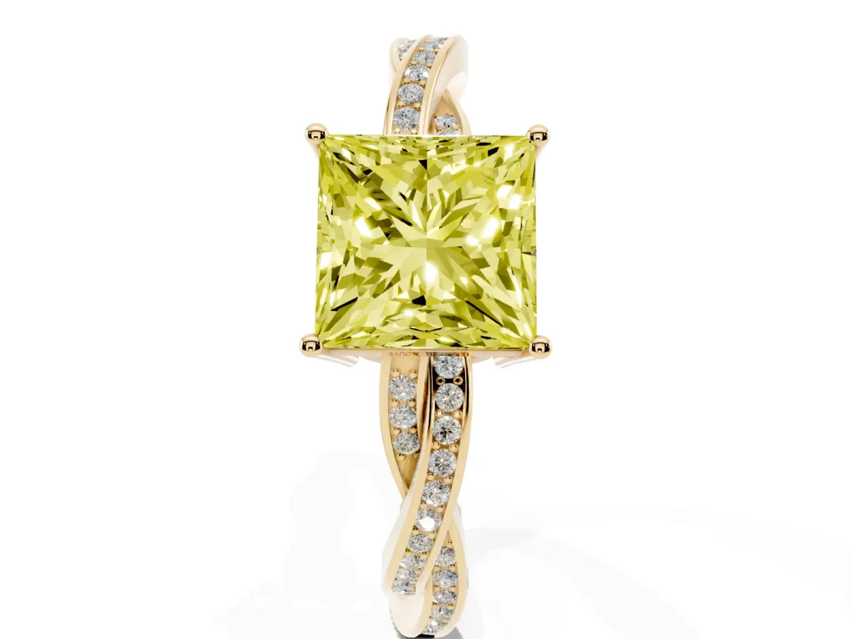 Fancy Yellow Princess Cut Solitaire Twisted Pave Diamond Ring with Four-Prong Setting Yellow gold