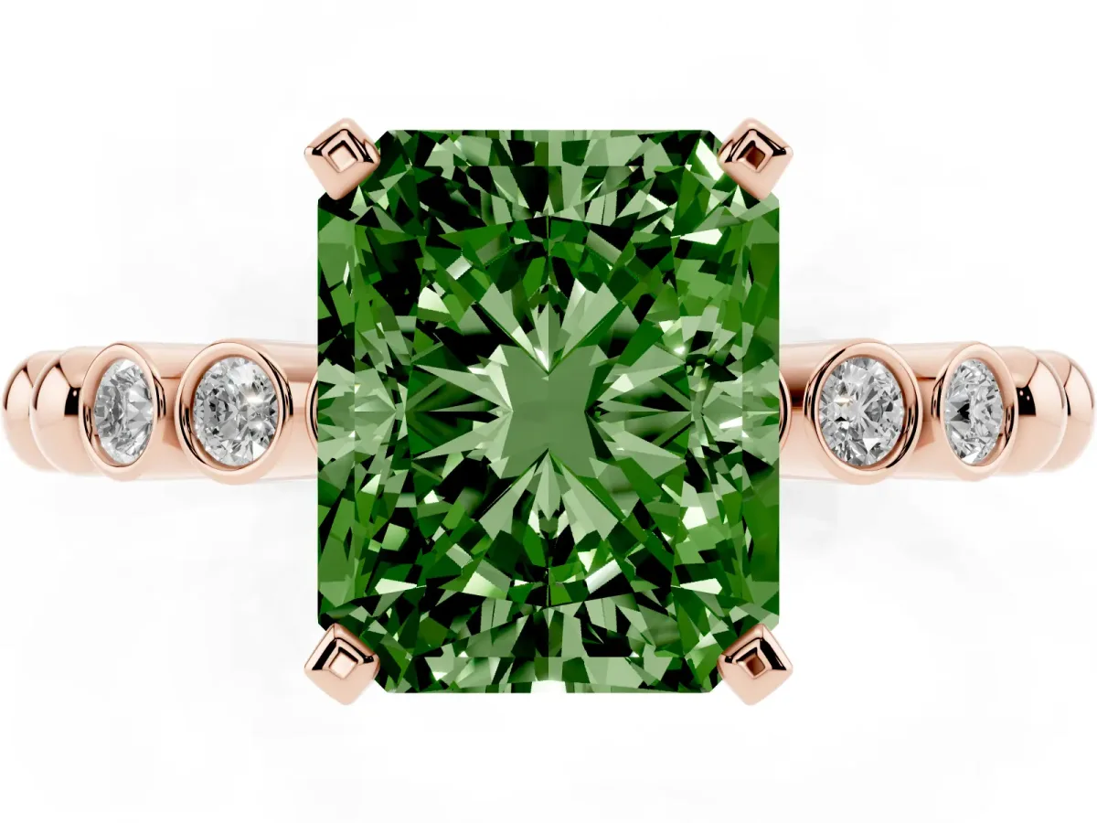 Fancy Green Radiant Cut Solitaire Bezel Accent Diamond Engagement Ring with Beaded Band and Four-Prong Setting Rose gold