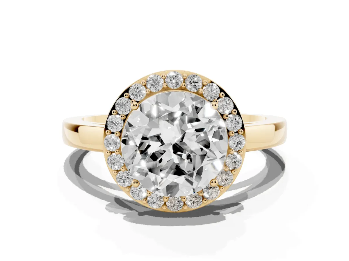Round Cut Halo Diamond Ring with Solitaire Band and Prong Setting Yellow gold