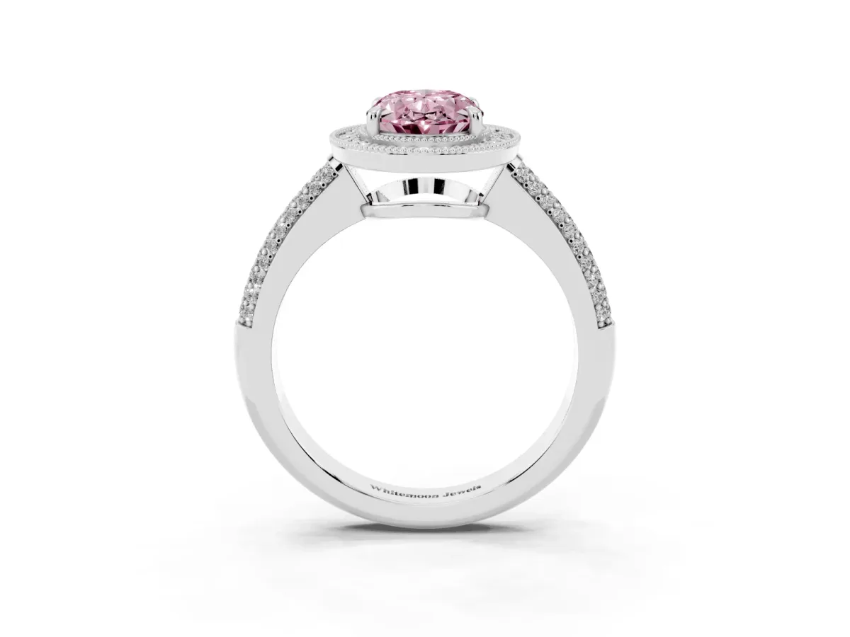 Fancy Pink Oval Cut Cut Halo Diamond Pave Band with Four-Prong Setting Silver