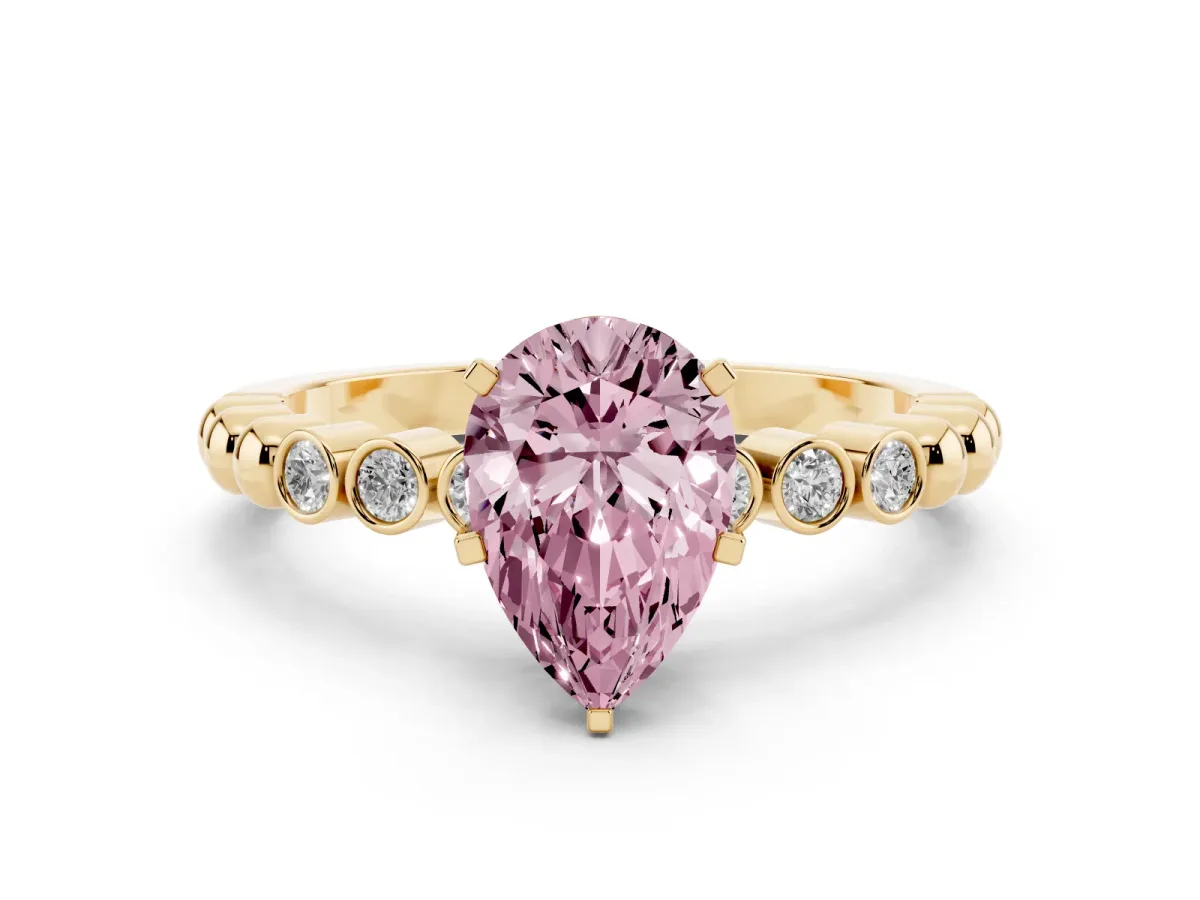 Fancy Pink Pear Cut Solitaire Bezel Accent Diamond Engagement Ring with Beaded Band and Four-Prong Setting Yellow gold