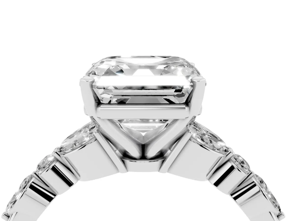 Asscher Cut Diamond Solitaire Ring with Side Stones and Four-Prong Setting White gold
