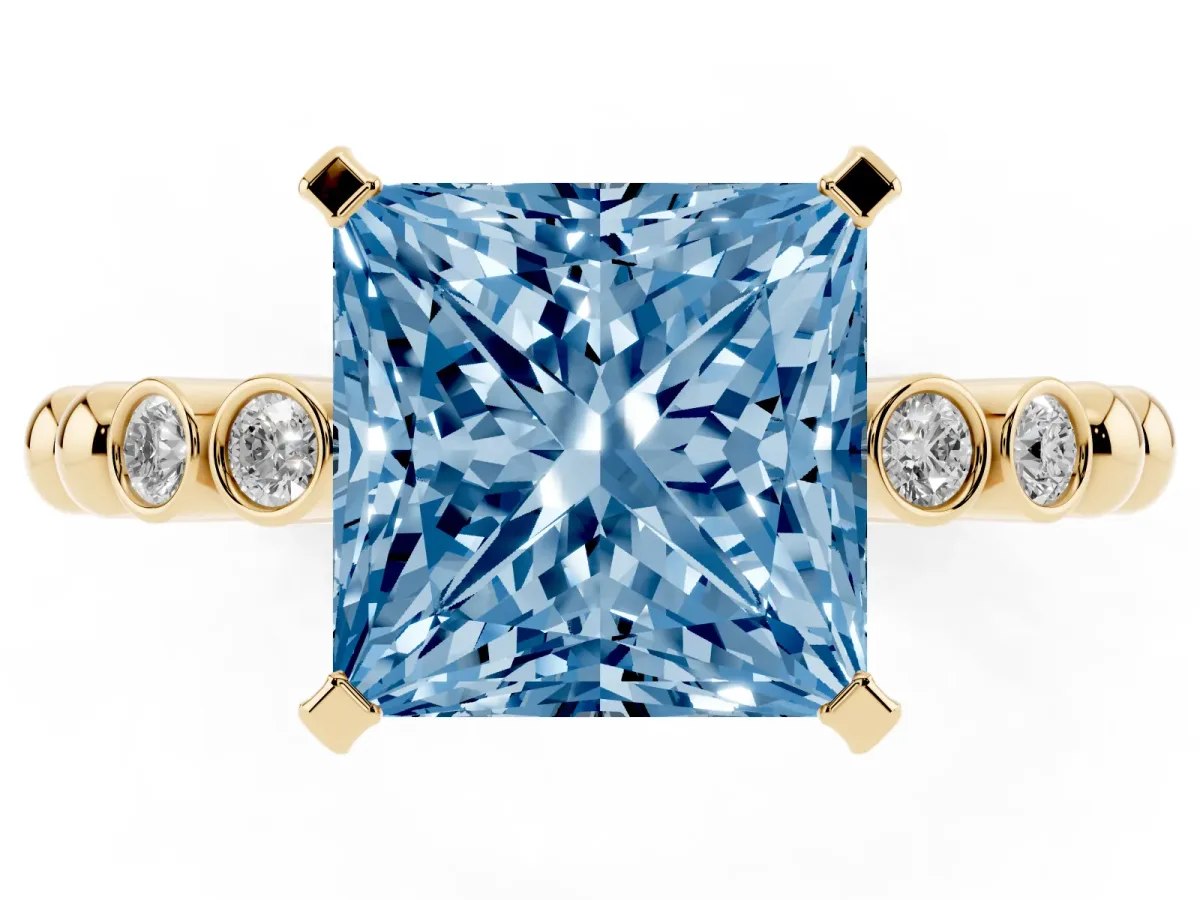 Fancy Blue Princess Cut Solitaire Bezel Accent Diamond Engagement Ring with Beaded Band and Four-Prong Setting Yellow gold