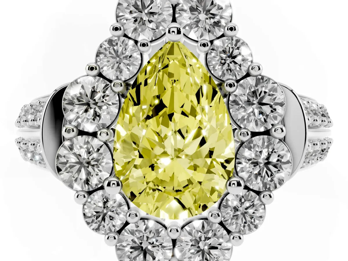 Fancy Yellow Pear Cut Halo Diamond Engagement Ring with Split Shank and Prong Setting Silver