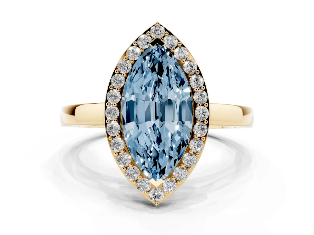 Fancy Blue Marquise Cut Halo Diamond Ring with Solitaire Band and Prong Setting Yellow gold