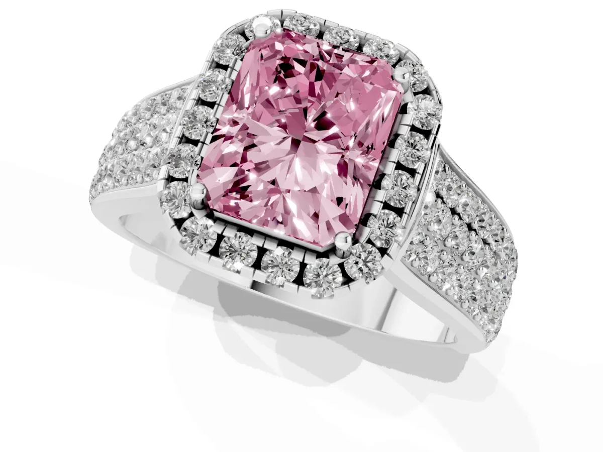 Fancy Pink Radiant Cut Halo Round Diamond Pave Band with Prong Setting Silver