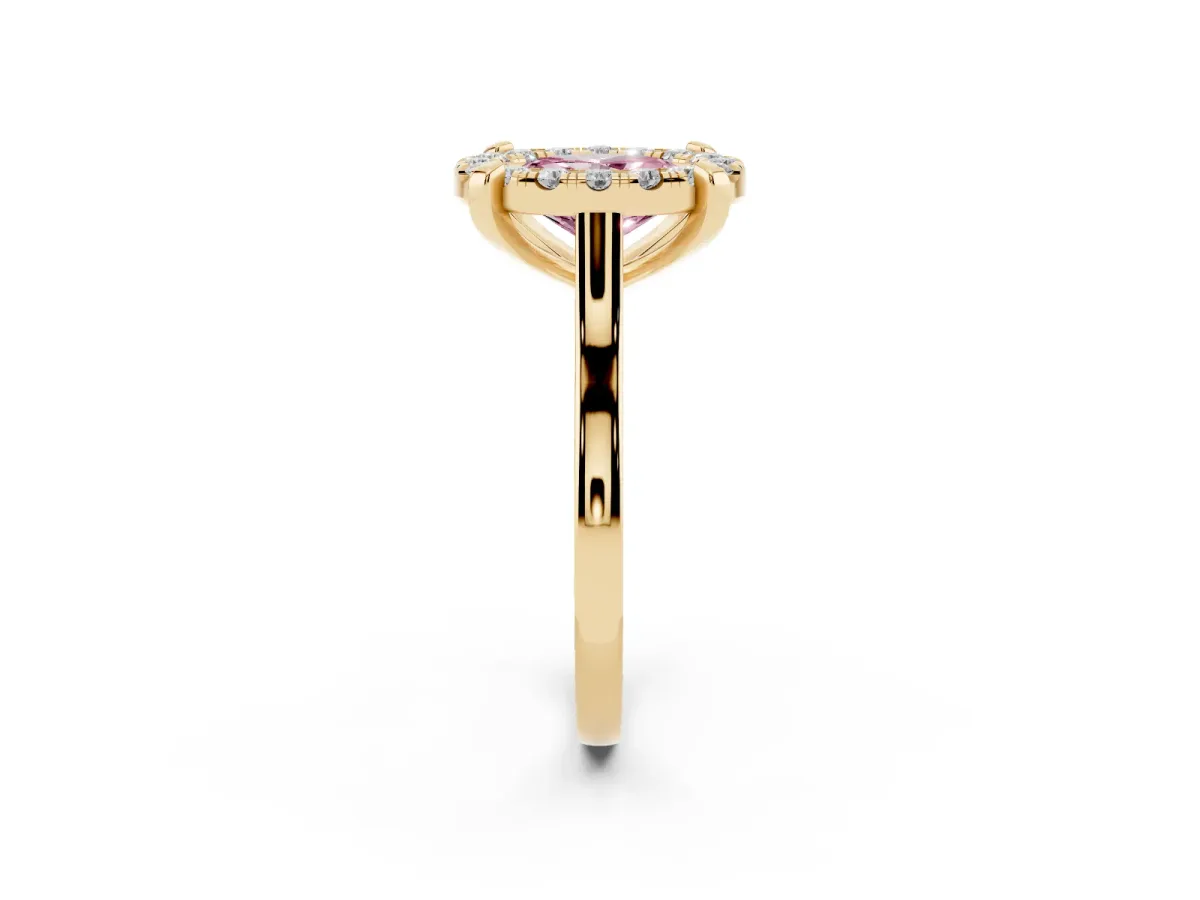 Fancy Pink Oval Cut Diamond Cluster Halo Solitaire with Four-Prong Setting Yellow gold