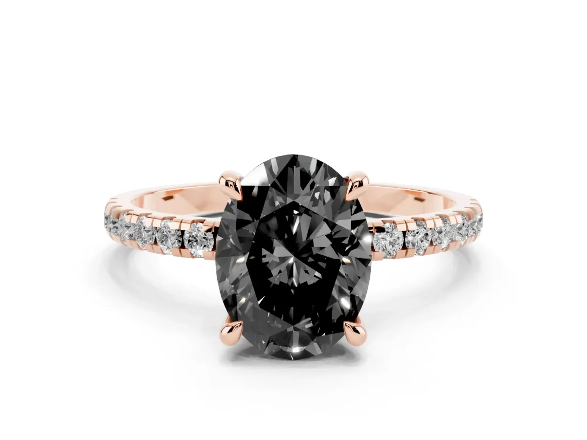 Fancy Black Oval Cut Diamond Brilliant Solitaire Ring with Pavé Band and Four-Prong Setting Rose gold