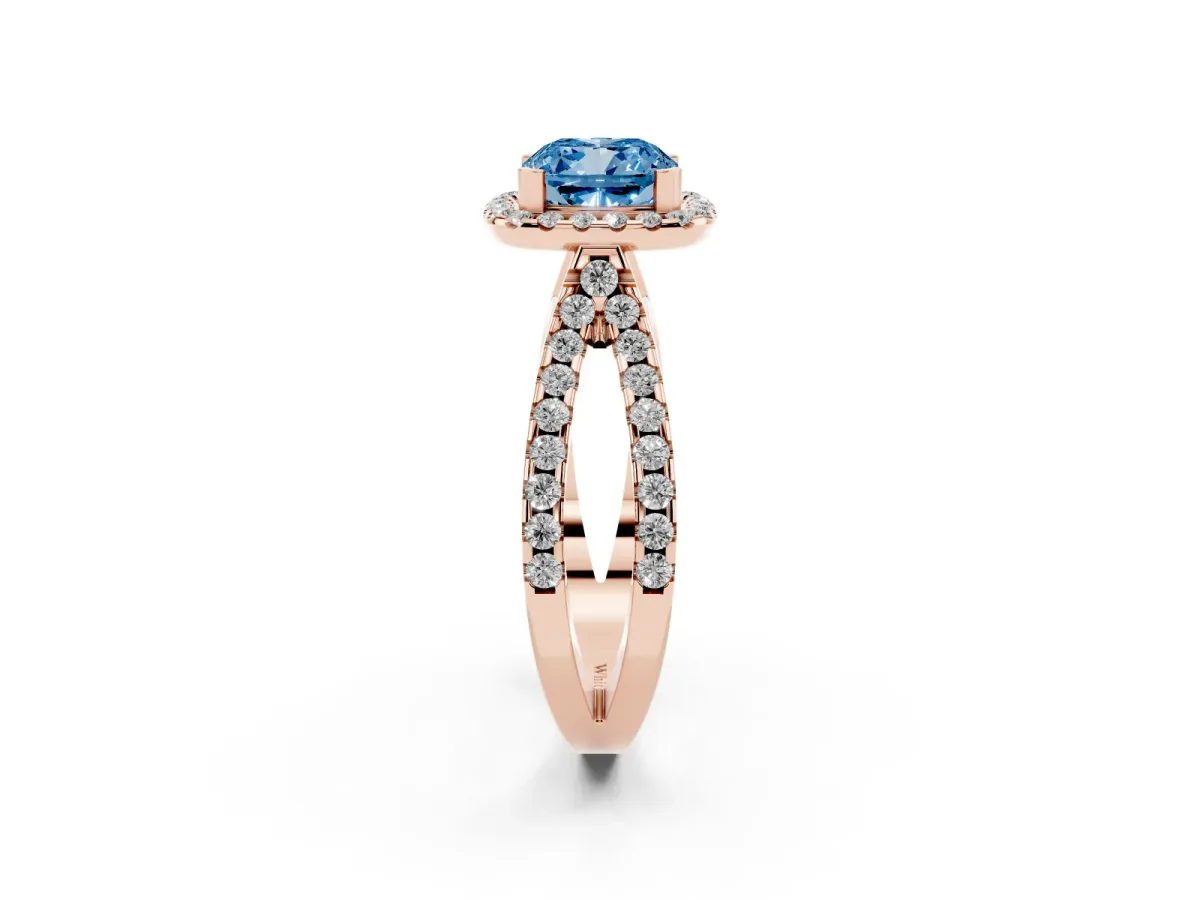 Fancy Blue Cushion Cut Diamond Halo Ring with Split Shank Pavé Band and Prong Setting Rose gold