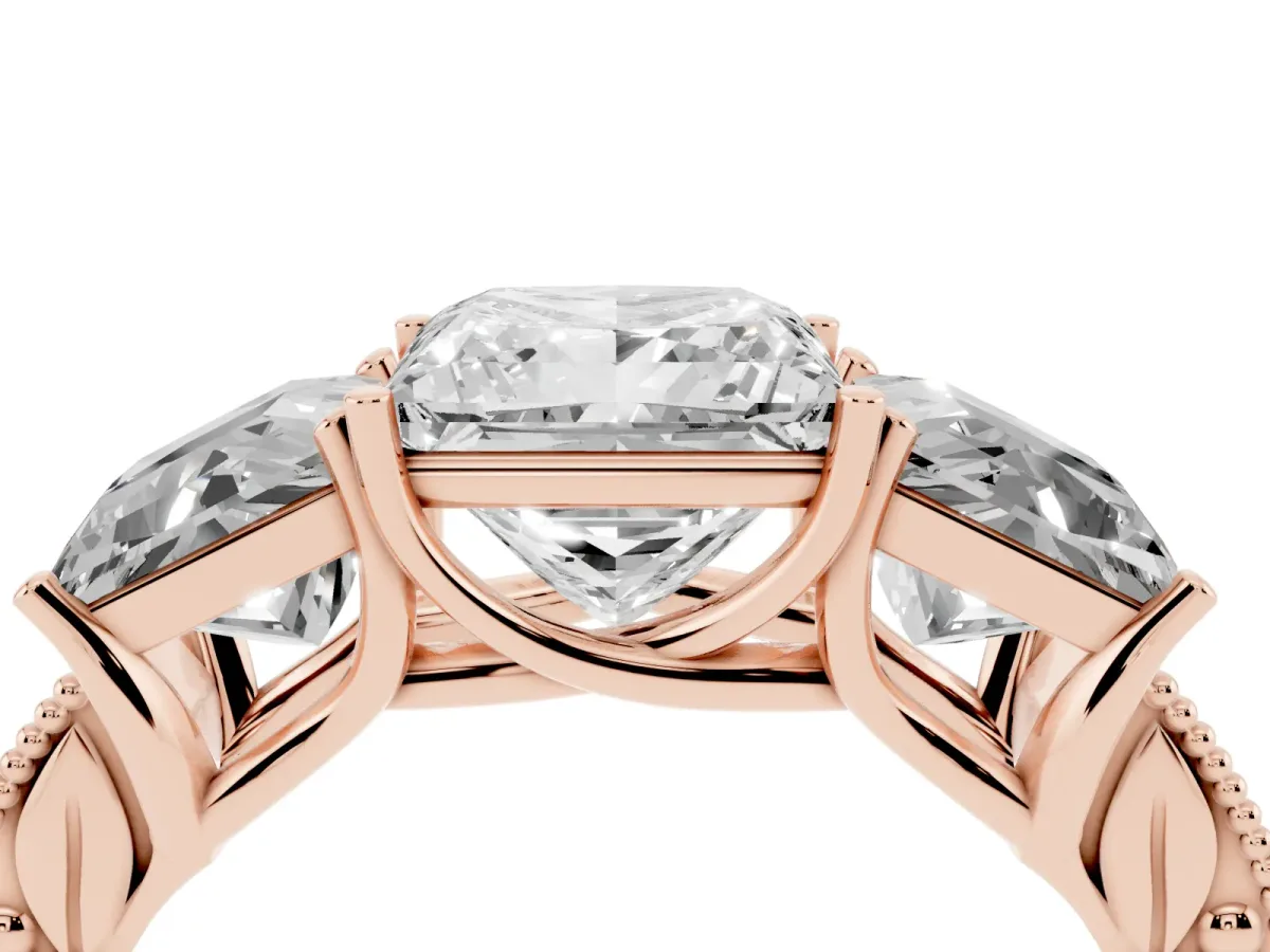 Three-Stone Princess Cut Cut Milgrain Pavé Engagement Ring Rose gold