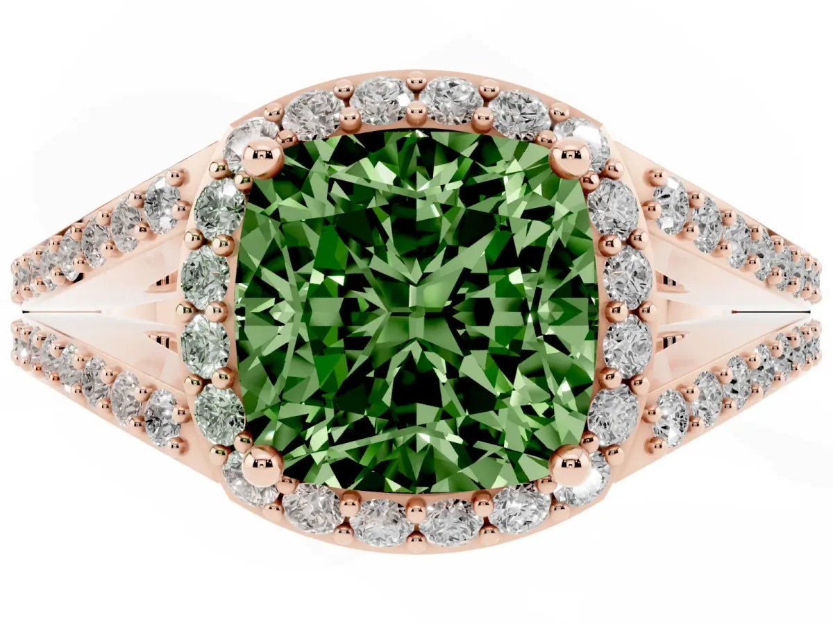 Fancy Green Cushion Cut Halo Split Shank Pave Diamond Ring with Four-Prong Setting Rose gold