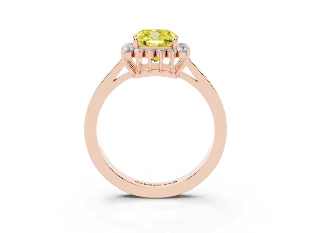 Fancy Yellow Cushion Cut Cut Diamond Halo Ring with Round Brilliant Halo and Solitaire Band Rose gold