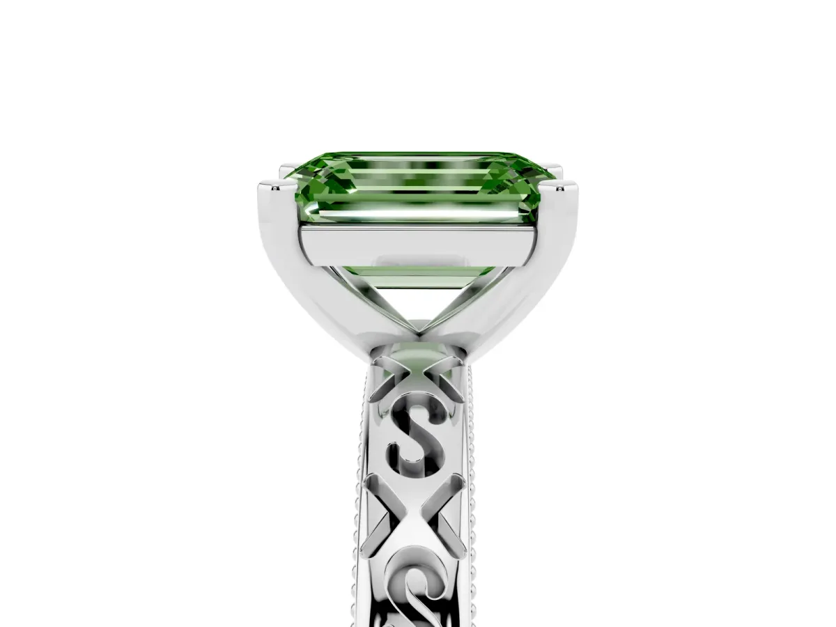 Fancy Green Emerald Cut Solitaire Engagement Ring with Scrollwork Band and Four-Prong Setting Platinum