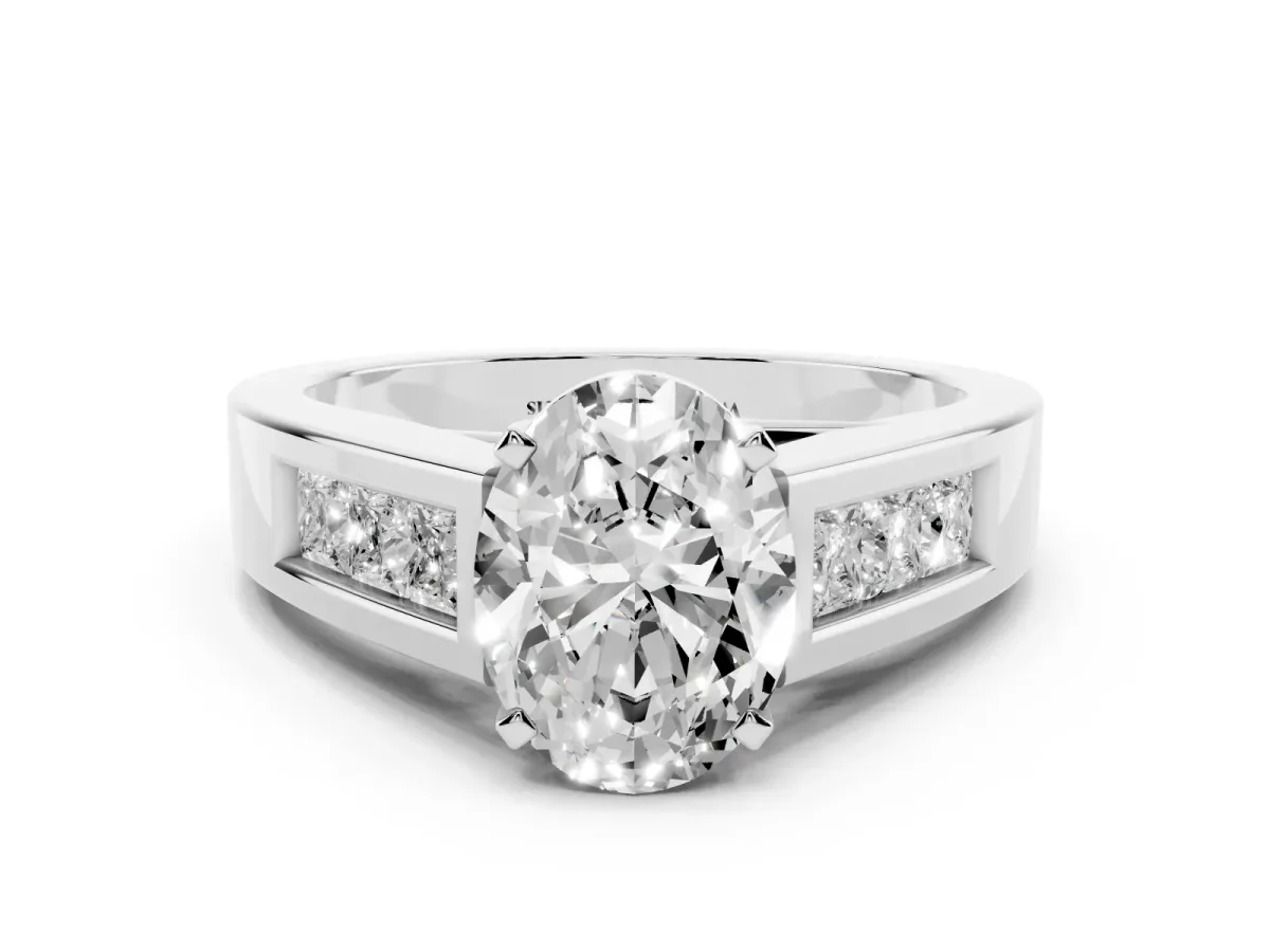 Oval Cut Cut Channel Set Solitaire Ring with Four-Prong Setting Platinum