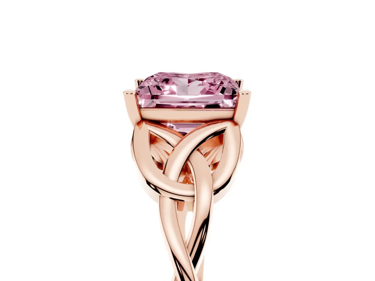 Fancy Pink Princess Cut Diamond Solitaire Engagement Ring with Celtic Knot Band and Four-Prong Setting Rose gold