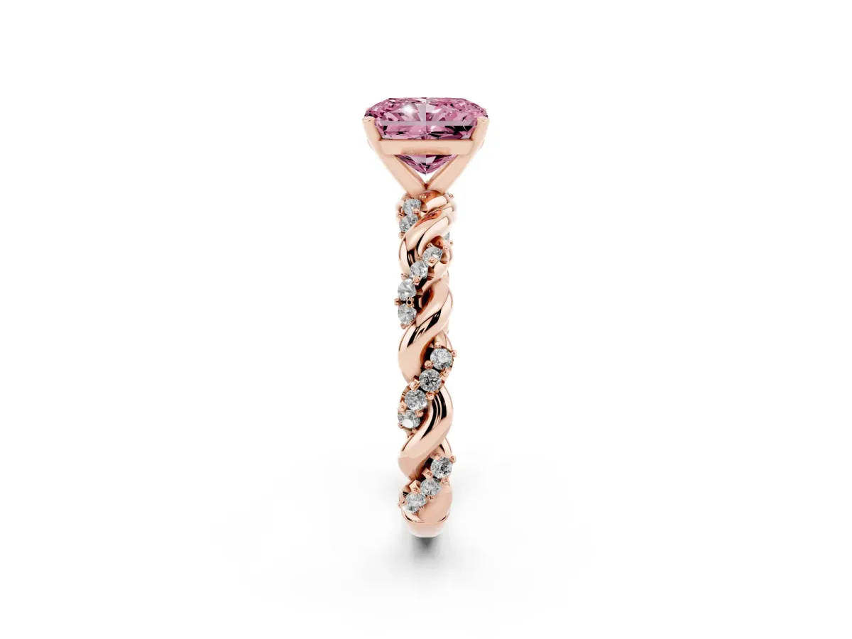 Fancy Pink Radiant Cut Diamond Solitaire Ring with Twisted Band and Pavé Accents Rose gold