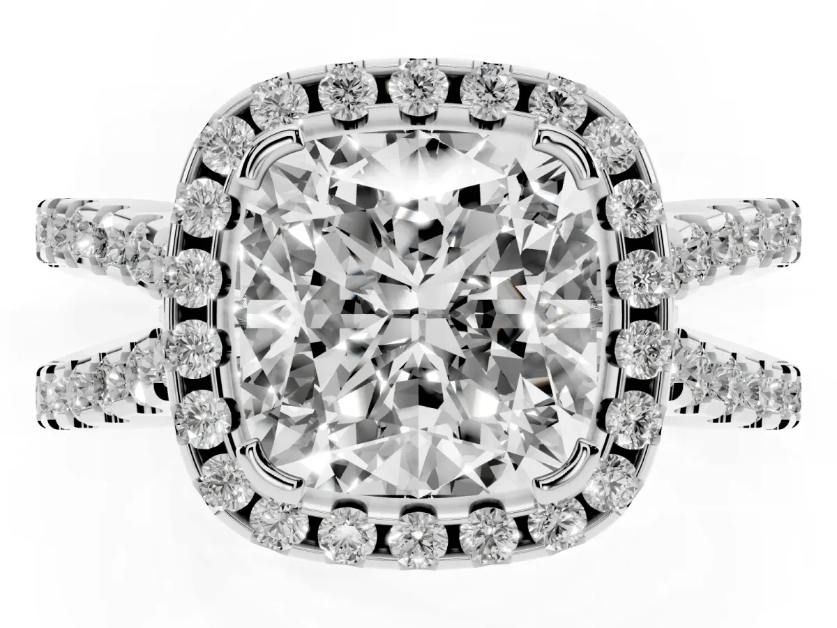 Cushion Cut Diamond Halo Ring with Split Shank Pavé Band and Prong Setting Silver