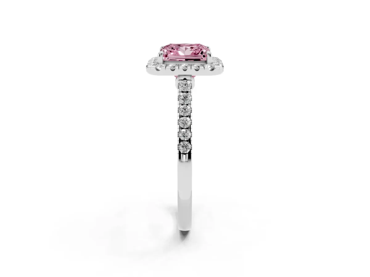 Fancy Pink Princess Cut Halo Pave Diamond Engagement Ring with Four-Prong Setting Silver