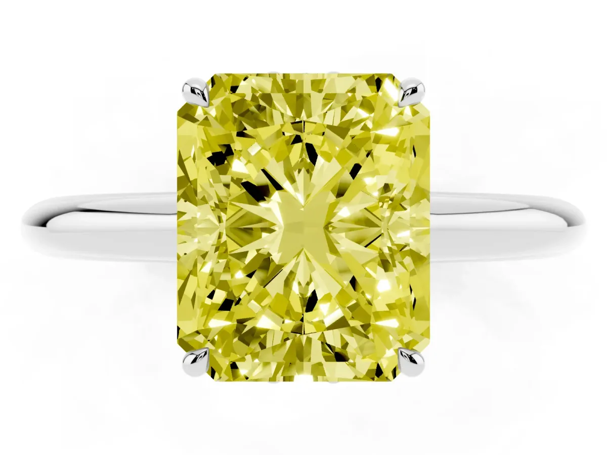 Fancy Yellow Radiant Cut Brilliant Solitaire Engagement Ring with Six-Prong Setting and Classic Band Silver