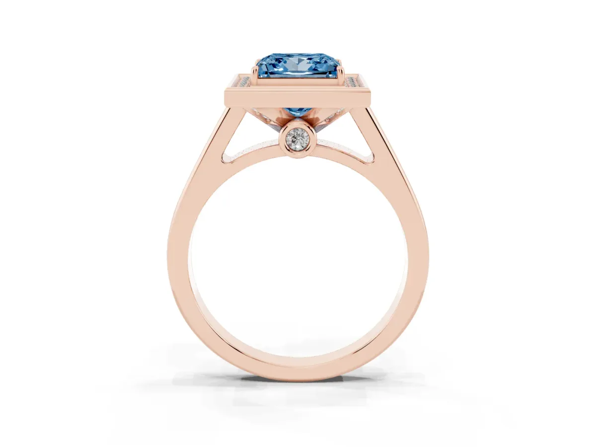 Fancy Blue Princess Cut Halo Solitaire Diamond Ring with Pave Band and Bezel Setting Rose gold