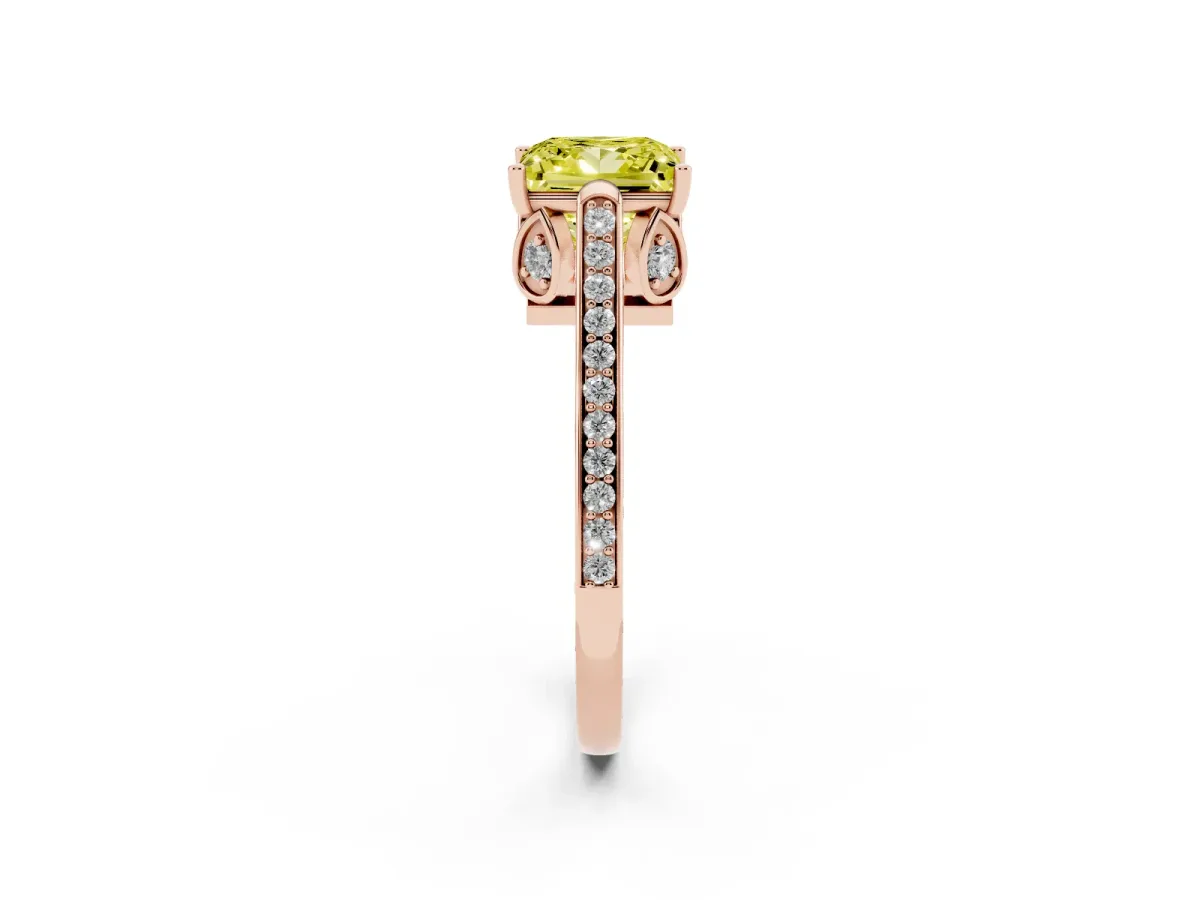 Fancy Yellow Princess Cut Cut Cathedral Pave Diamond Engagement Ring with Six-Prong Setting Rose gold