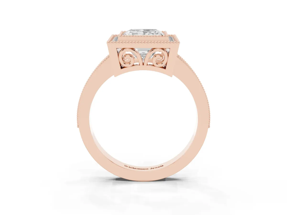 Princess Cut Cut Halo Diamond Ring with Pavé Band and Milgrain Prong Setting Rose gold