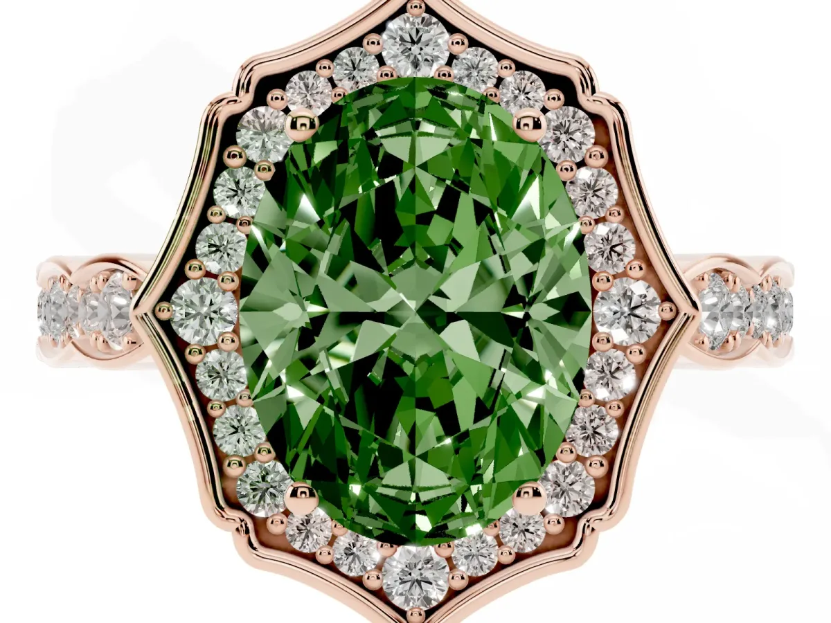 Fancy Green Oval Cut Halo Diamond Engagement Ring with Milgrain Band and Four-Prong Setting Rose gold