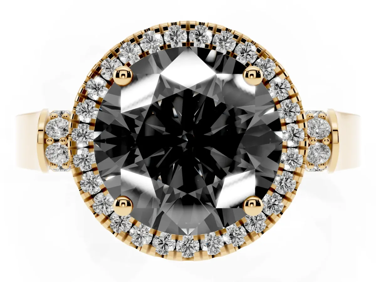 Fancy Black Round Cut Halo Round Diamond Twist Band with Four-Prong Setting Yellow gold