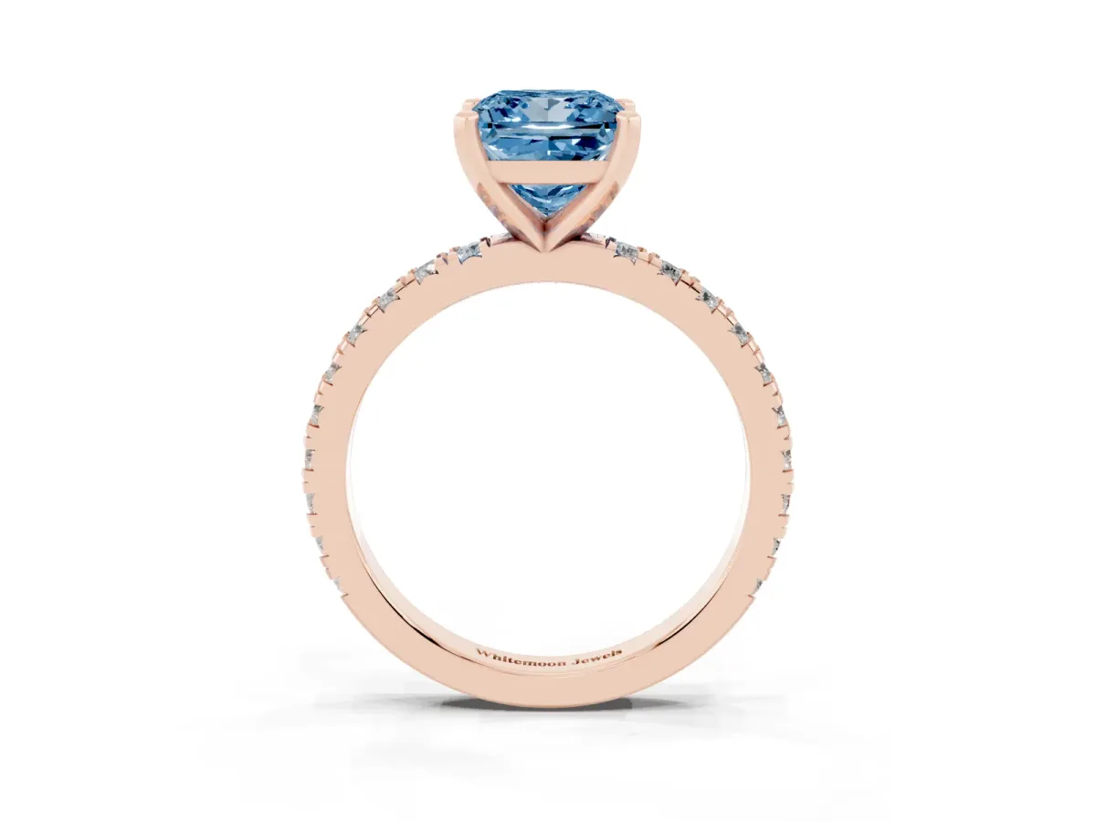 Fancy Blue Princess Cut Diamond Pavé Band Solitaire with Four-Prong Setting Rose gold