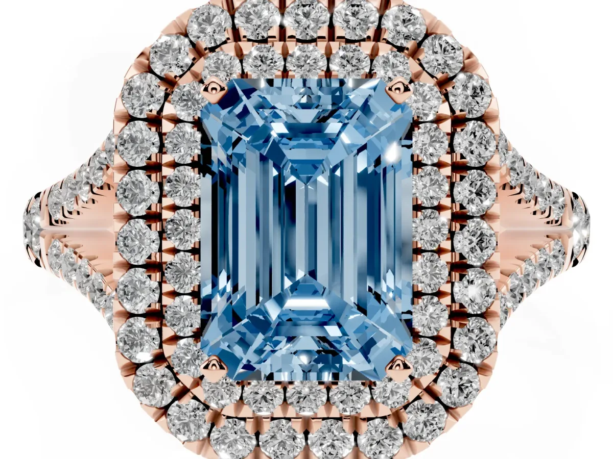 Fancy Blue Emerald Cut Diamond Pavé Split Shank Double Halo Engagement Ring Rose gold