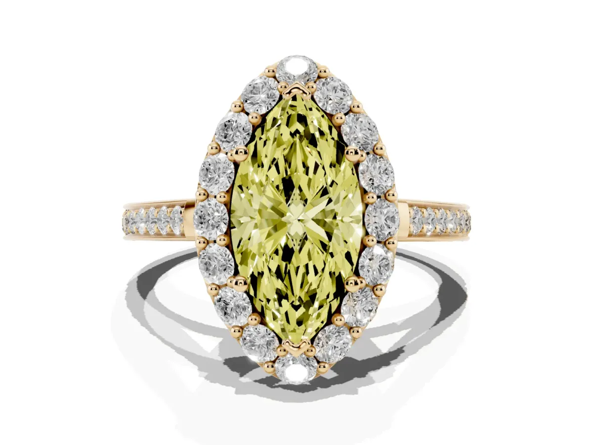 Fancy Yellow Marquise Cut Diamond Floral Halo Ring with Pavé Band and Prong Setting Yellow gold