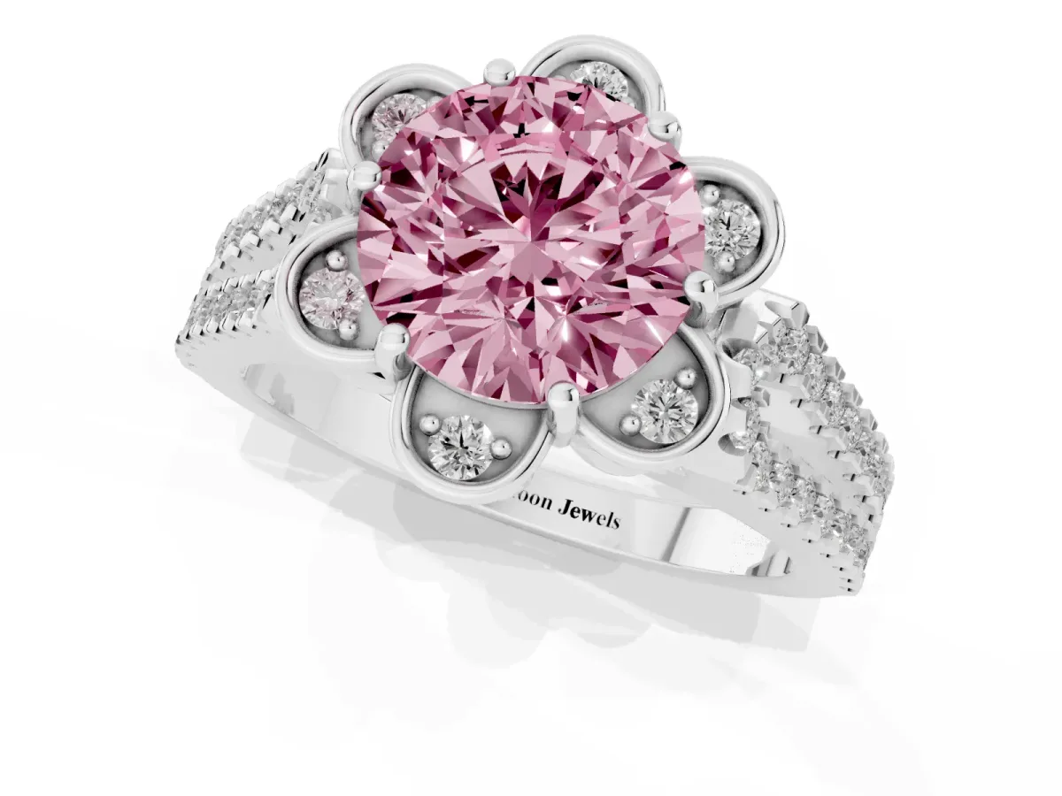 Fancy Pink Round Cut Halo Diamond Floral Split Shank Engagement Ring Silver