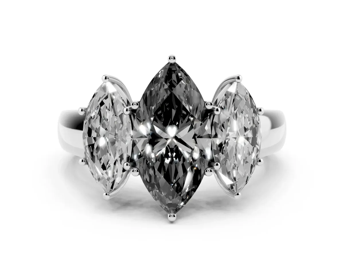 Fancy Black Three-Stone Marquise Cut Cut Diamond Ring with Prong Setting and Classic Band Silver