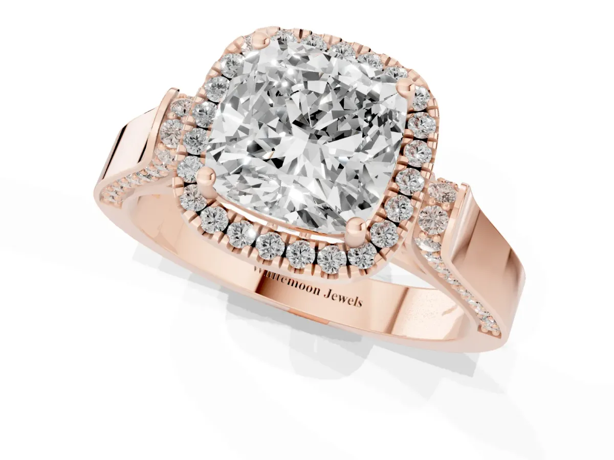Cushion Cut Halo Pave Split Shank Prong Setting Ring Rose gold