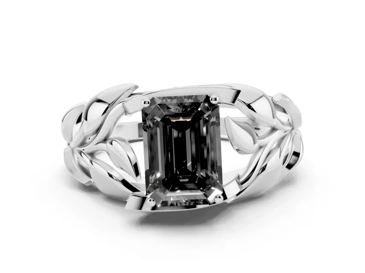 Fancy Black Emerald Cut Diamond Leaf-Inspired Engagement Ring with Round Accents and Prong Setting Silver