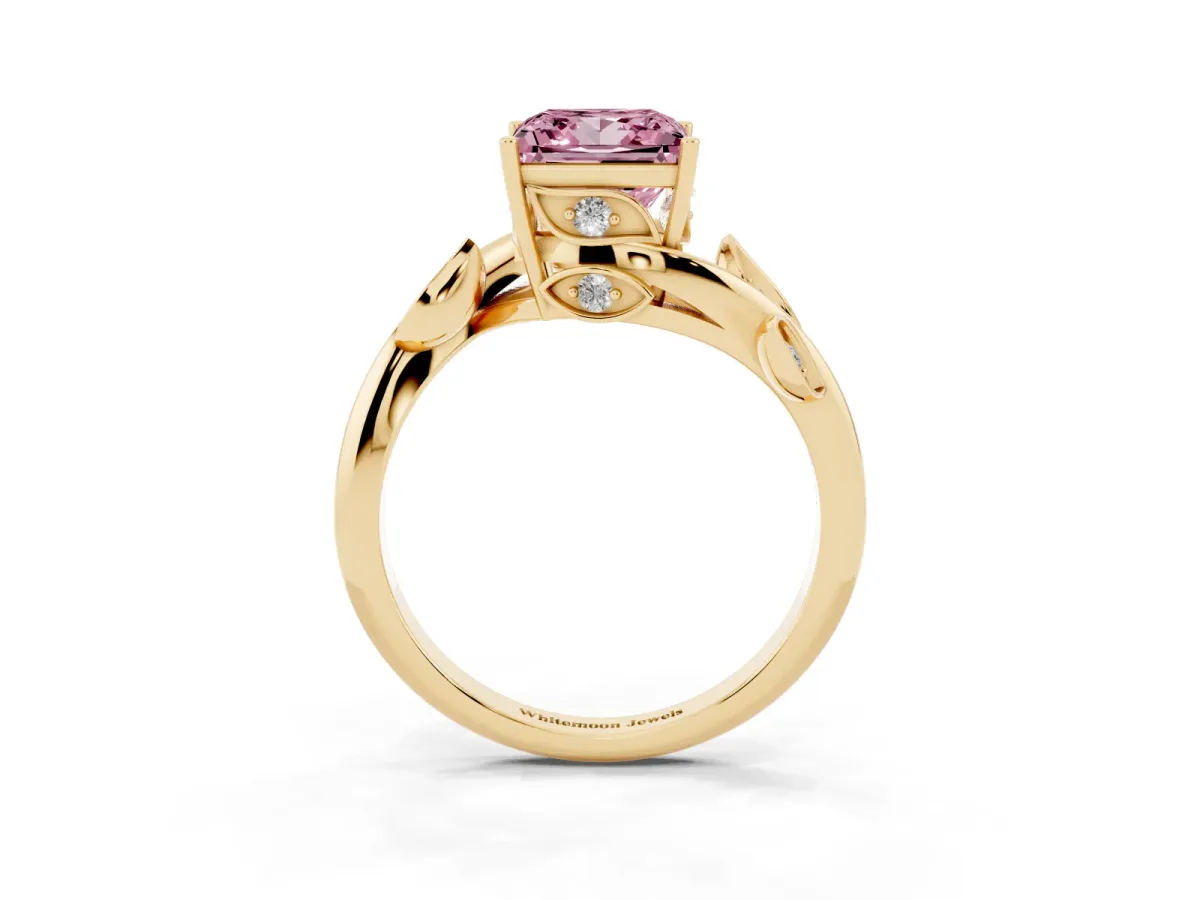 Fancy Pink Princess Cut Solitaire Twist Engagement Ring with Leaf Accents and Prong Setting Yellow gold