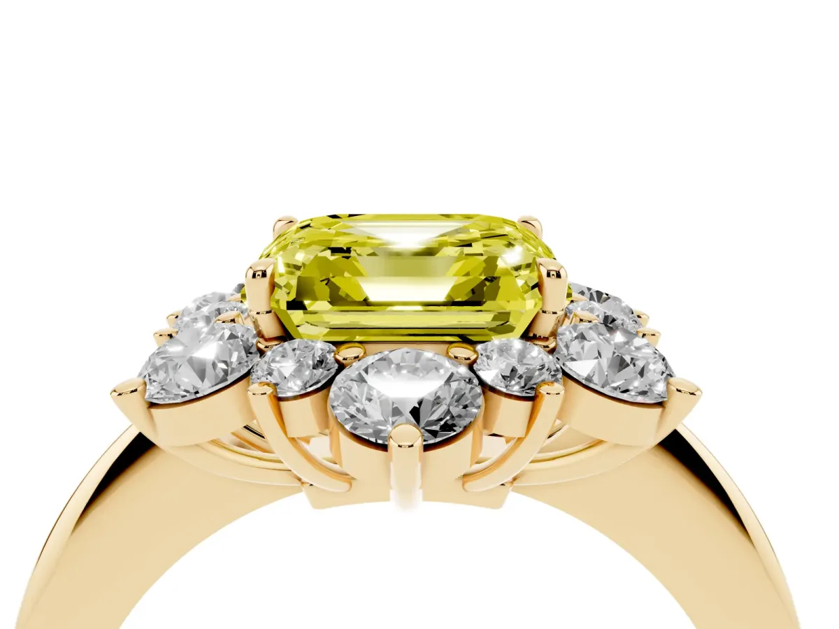 Fancy Yellow Asscher Cut Diamond Cluster Halo Ring with Solitaire Band and Four-Prong Setting Yellow gold