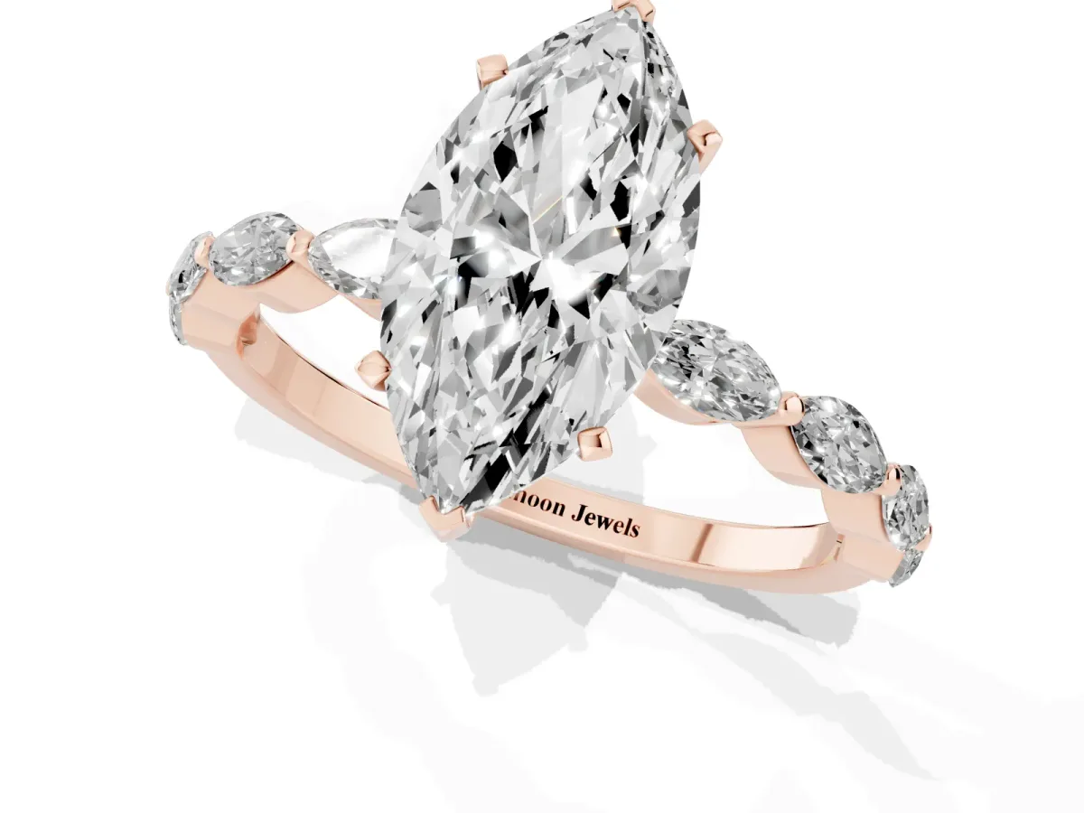 Marquise Cut Diamond Ring with Marquise Side Stones and Prong Setting Rose gold