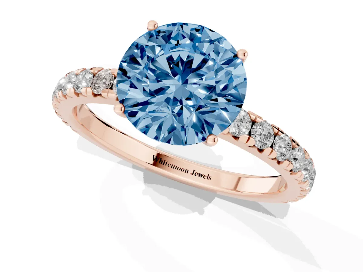 Fancy Blue Round Cut Diamond Pavé Solitaire Engagement Ring with Four-Prong Setting Rose gold