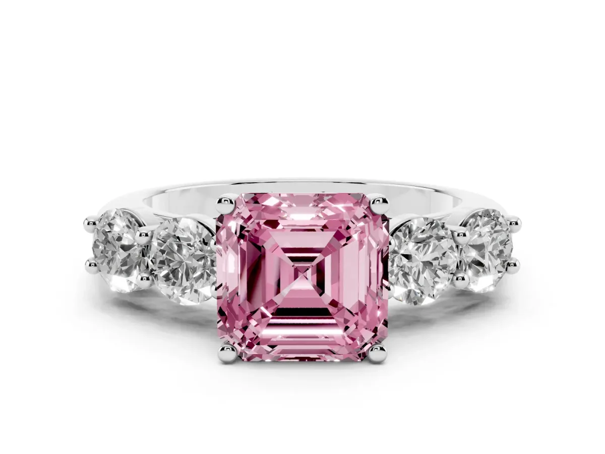 Fancy Pink Asscher Cut Cut Five-Stone Prong Set Diamond Ring with Classic Band White gold