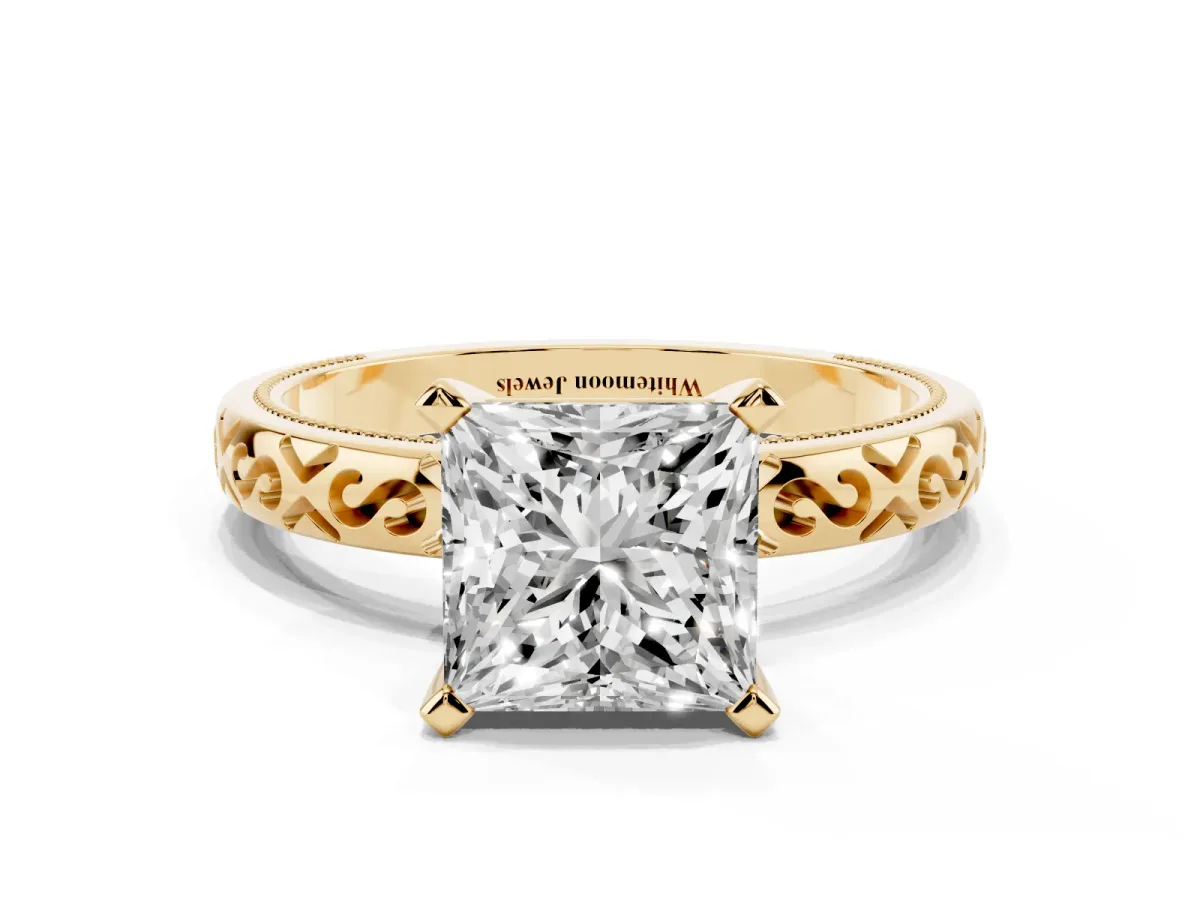 Princess Cut Solitaire Engagement Ring with Scrollwork Band and Four-Prong Setting Yellow gold
