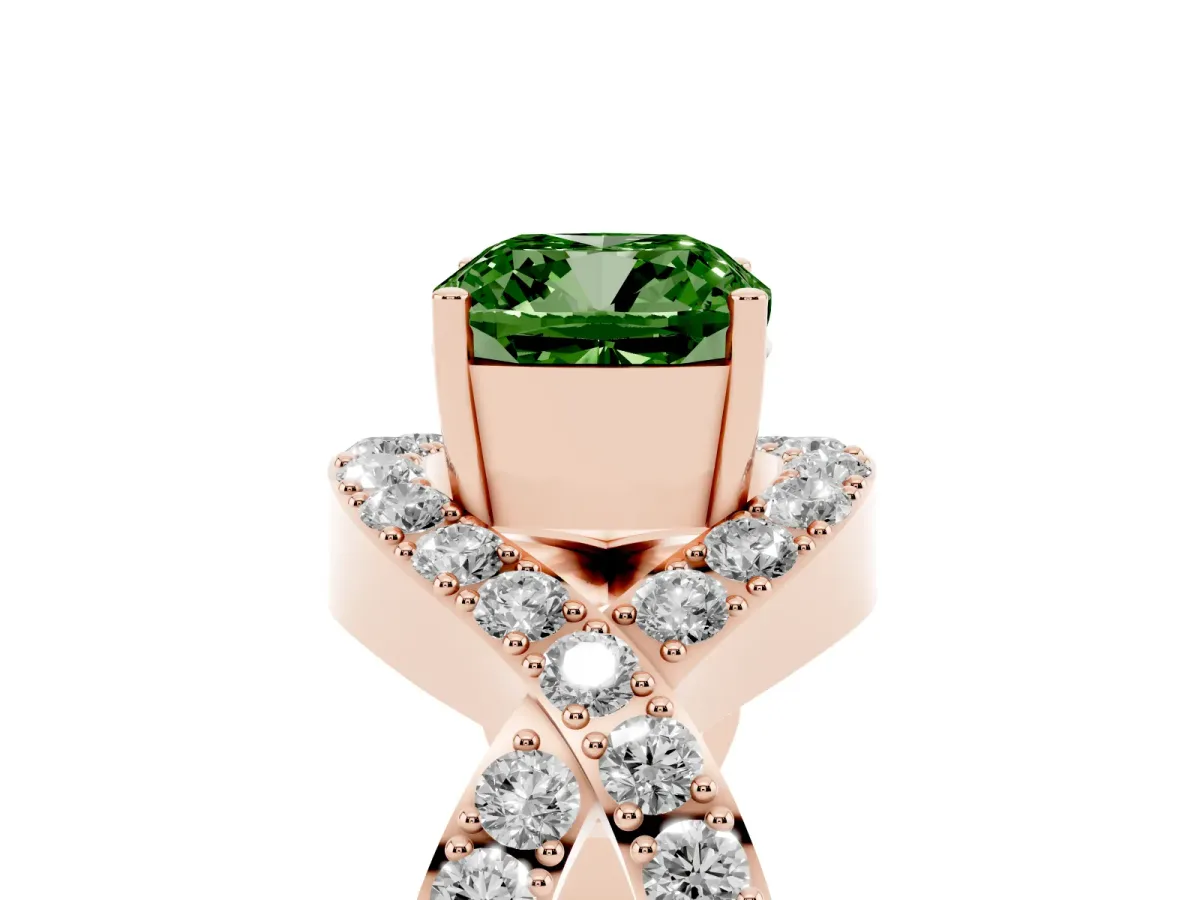 Fancy Green Cushion Cut Solitaire Twist Band Pavé Diamond Engagement Ring Rose gold