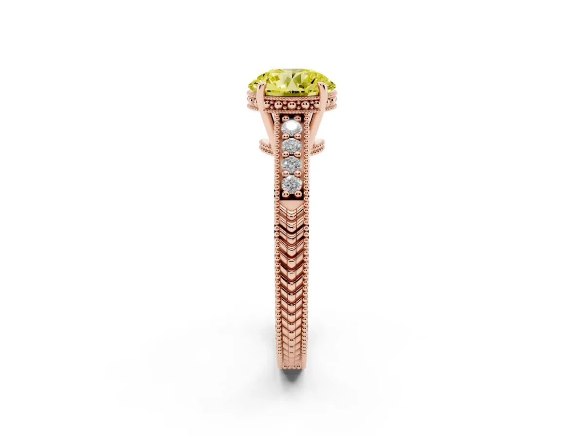 Fancy Yellow Round Cut Solitaire Pavé Diamond Milgrain Engagement Ring with Four-Prong Setting Rose gold