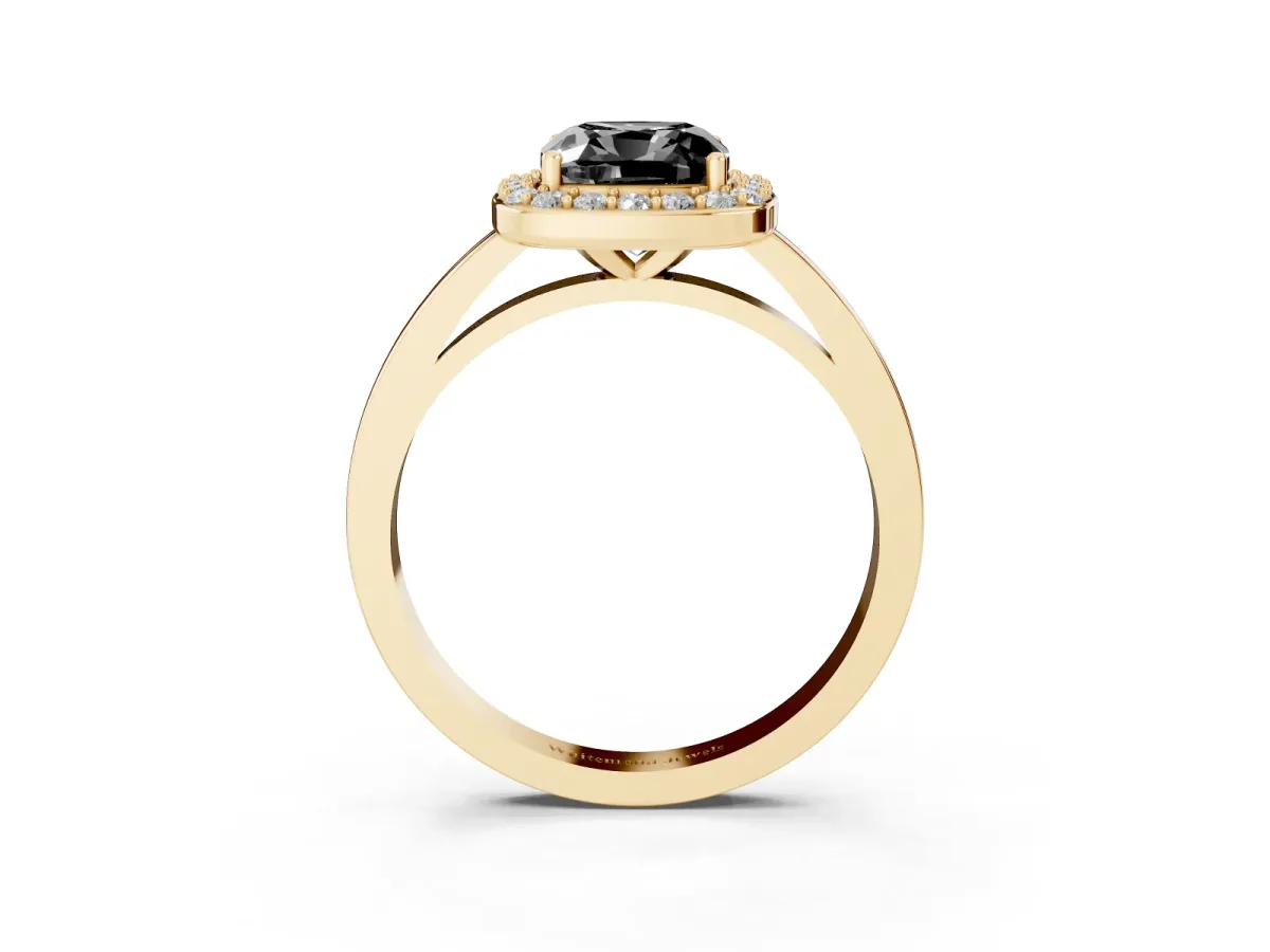 Fancy Black Cushion Cut Halo Diamond Ring with Solitaire Band and Prong Setting Yellow gold