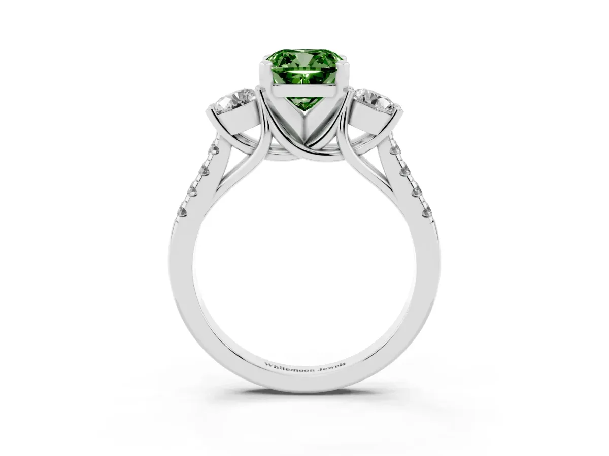 Fancy Green Three-Stone Cushion Cut Diamond Pavé Band with Four-Prong Setting Silver
