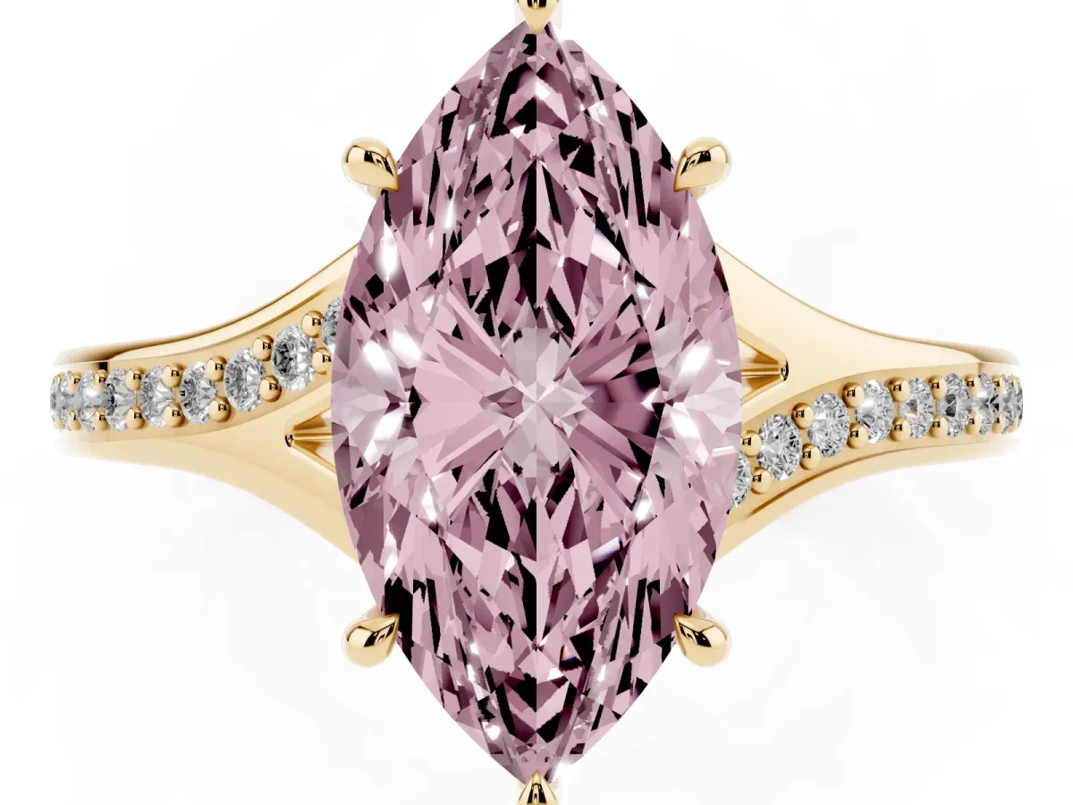 Fancy Pink Marquise Cut Diamond Solitaire Ring with Pavé Band and Prong Setting Yellow gold