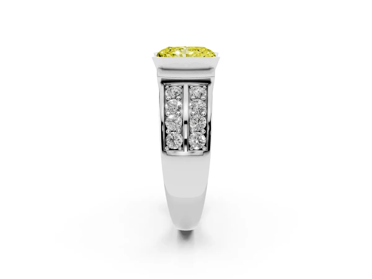 Fancy Yellow Radiant Cut Brilliant Diamond Channel Set Wide Band Ring with Bezel Setting Silver