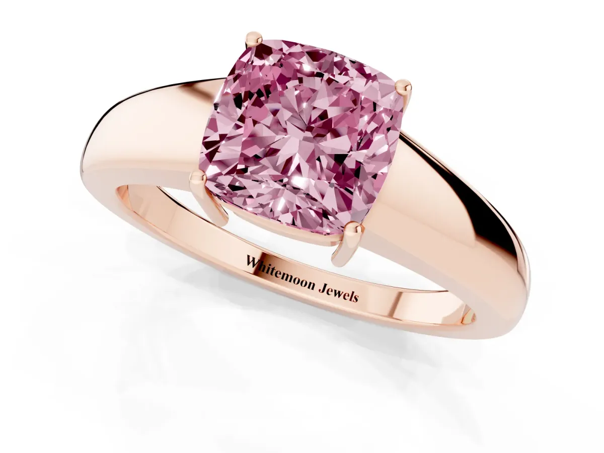 Fancy Pink Cushion Cut Solitaire Diamond Ring with Tapered Band and Four-Prong Setting Rose gold